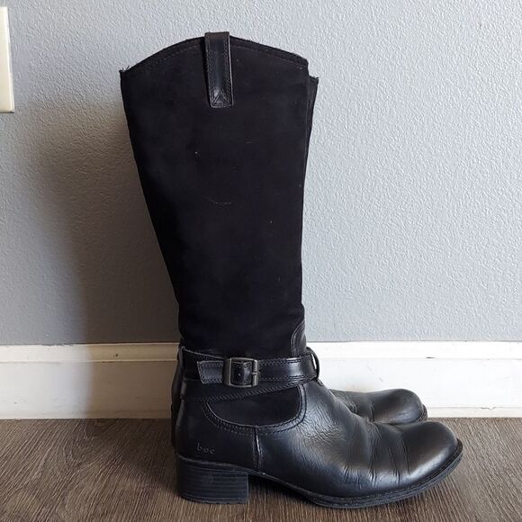 BOC Black Leather Suede Tall Riding Boots Moto Buckle Womens 7.5 - Picture 1 of 12